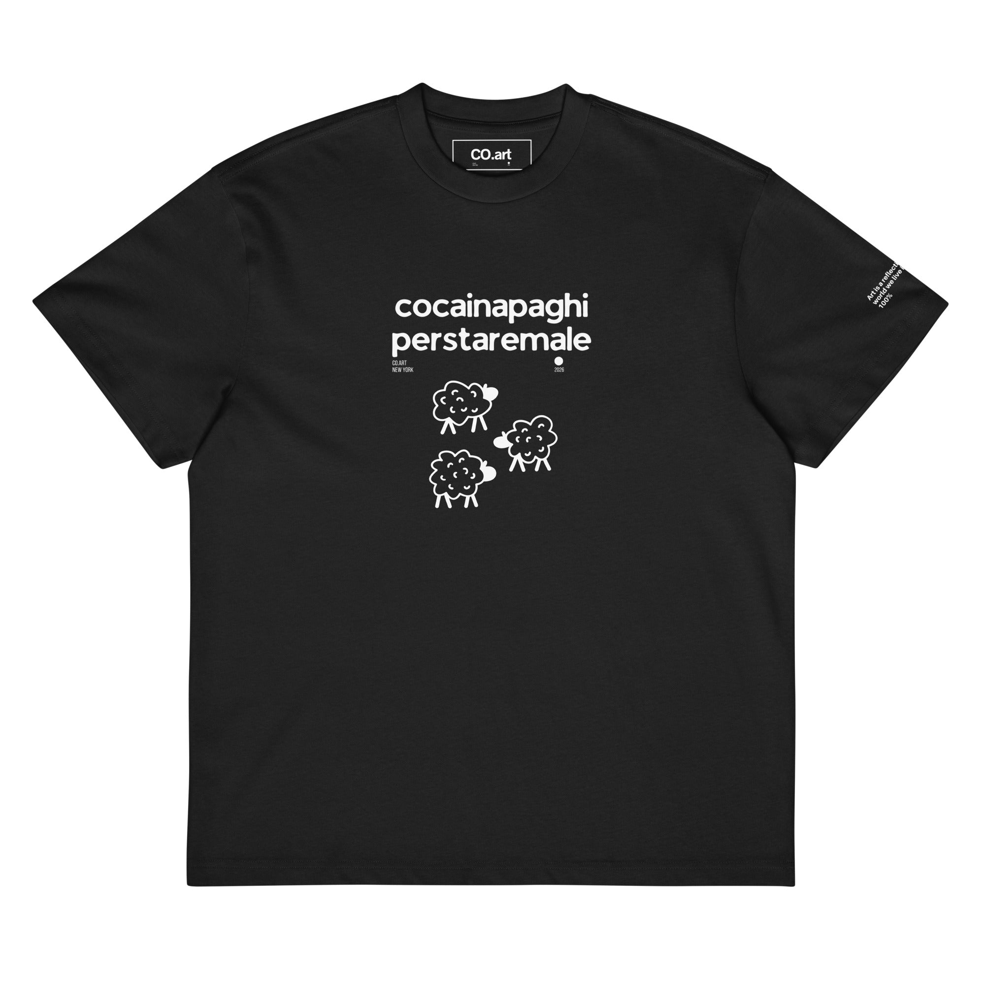 T-shirt nera oversize da uomo con grafica streetwear bianca, testo "cocainapaghi perstaremale" e illustrazione di tre pecore .