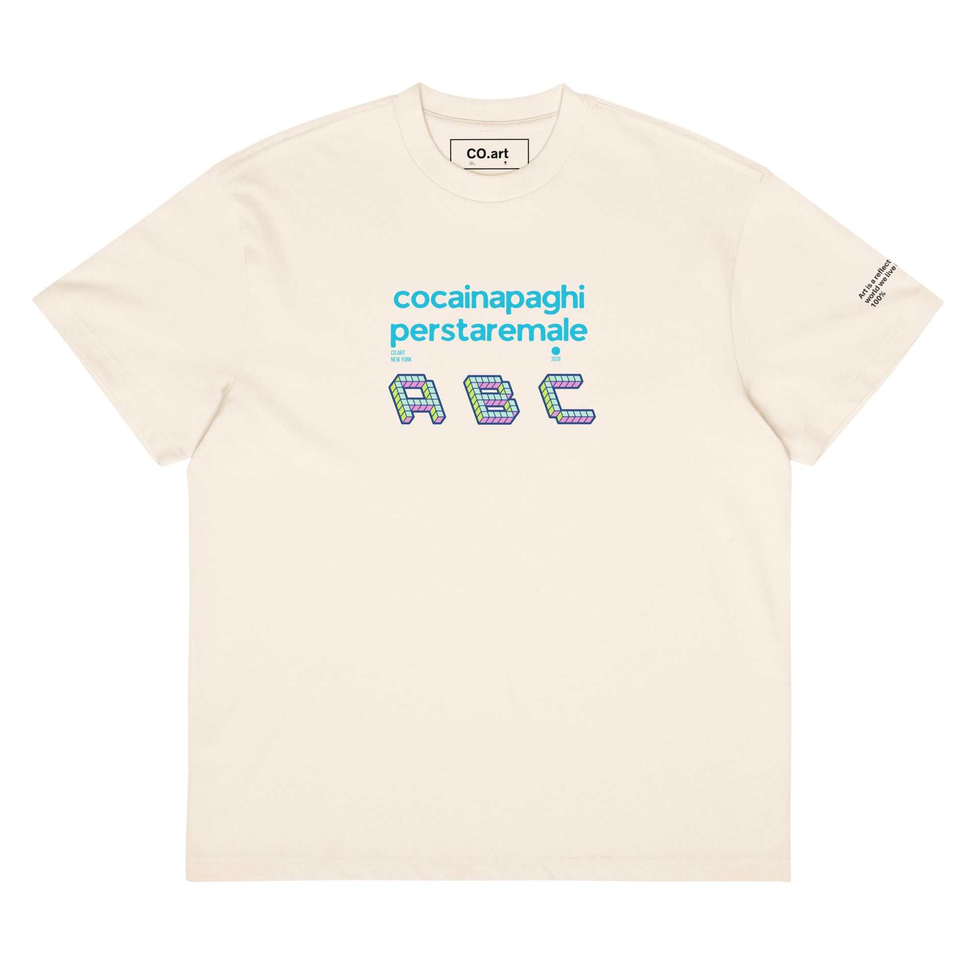 T-shirt bianco vintage oversize con grafica streetwear e scritta azzurra "cocainapaghiperstaremale ABC" su fronte, messaggio .