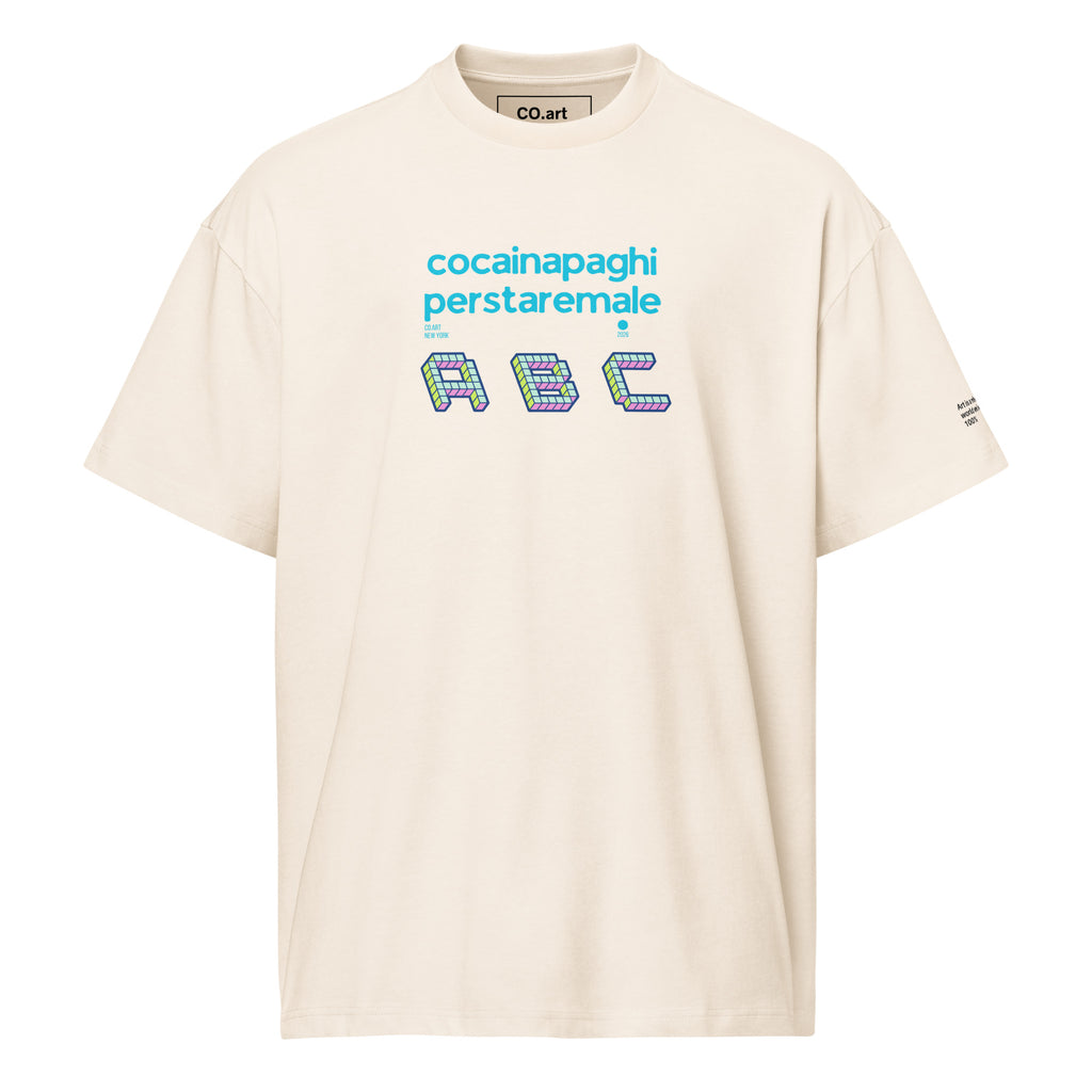 T-shirt streetwear oversize bianco vintage con grafica azzurra e messaggio forte "cocainapaghi perstaremale" e simboli stile .