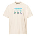 T-shirt streetwear oversize bianco vintage con grafica azzurra e messaggio forte "cocainapaghi perstaremale" e simboli stile .
