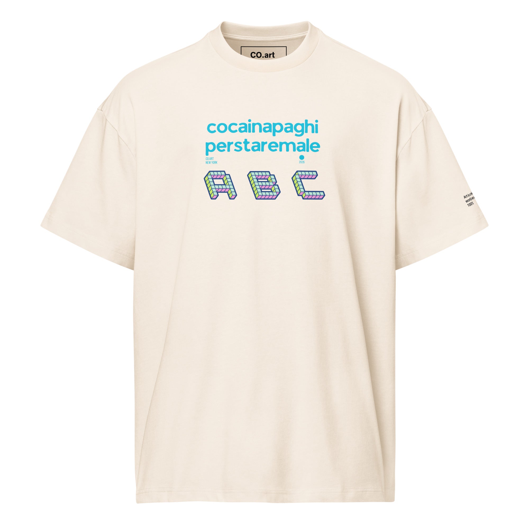 T-shirt streetwear oversize bianco vintage con grafica azzurra e messaggio forte "cocainapaghi perstaremale" e simboli stile .
