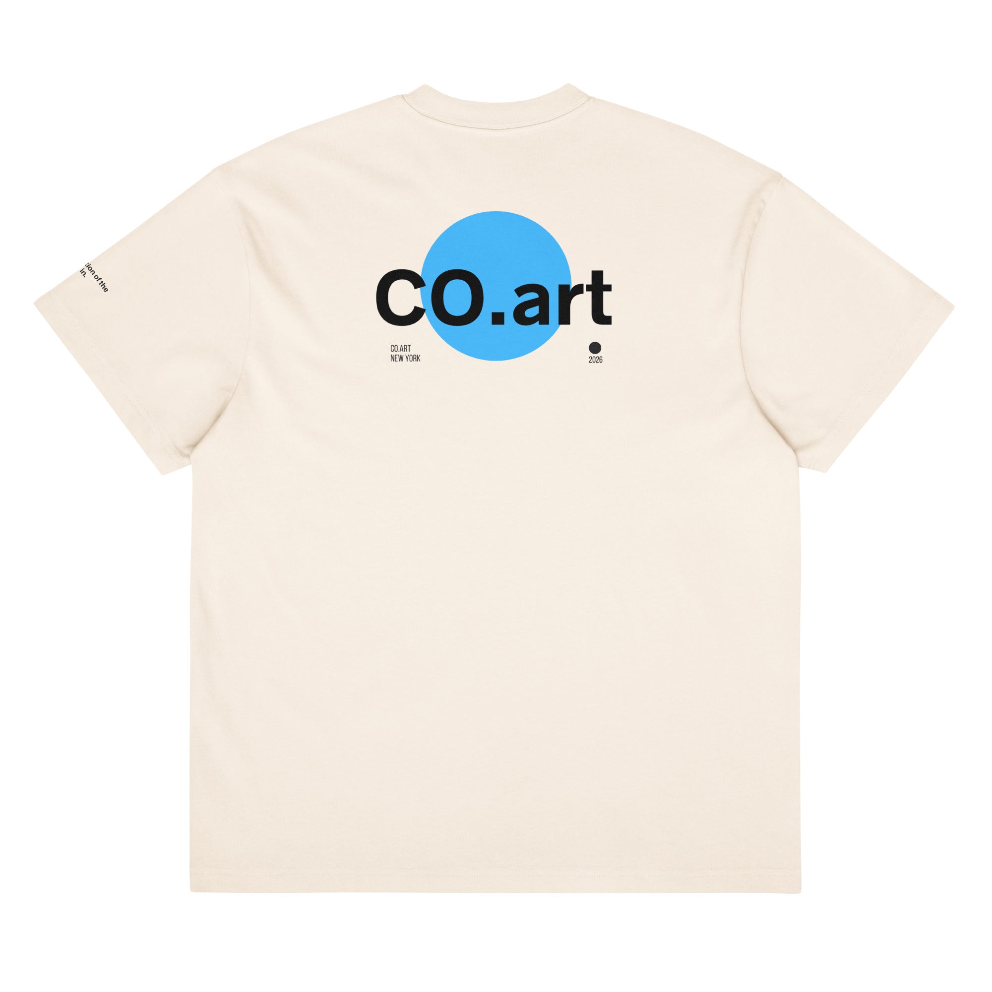 T-shirt streetwear oversize bianca vintage con grafica manifesto "co.art" in azzurro e nero sul retro, messaggio forte uomo.