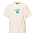 T-shirt oversize bianca con scritta blu "lalucidità nonsi negozia" e grafica a diamante, stile streetwear con messaggio.