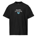 T-shirt oversize nera da uomo con grafica streetwear e scritta bianca "lalucidità nonsinegozia" con simbolo diamante e.