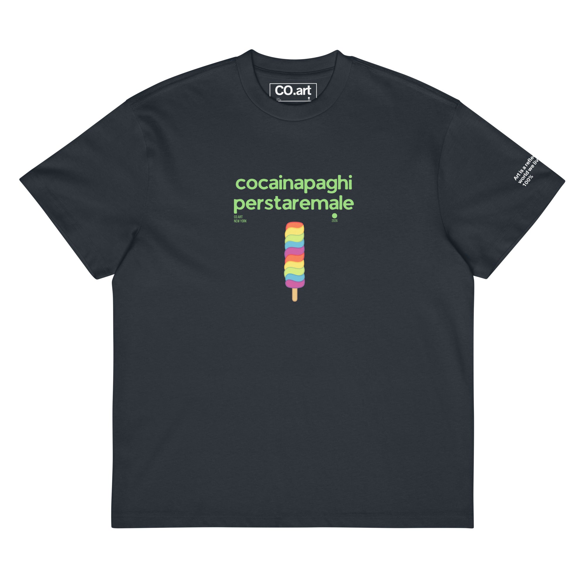 T-shirt streetwear oversize nera vintage con scritta verde "cocainapaghiperstaremale" e grafica ghiacciolo colorato.