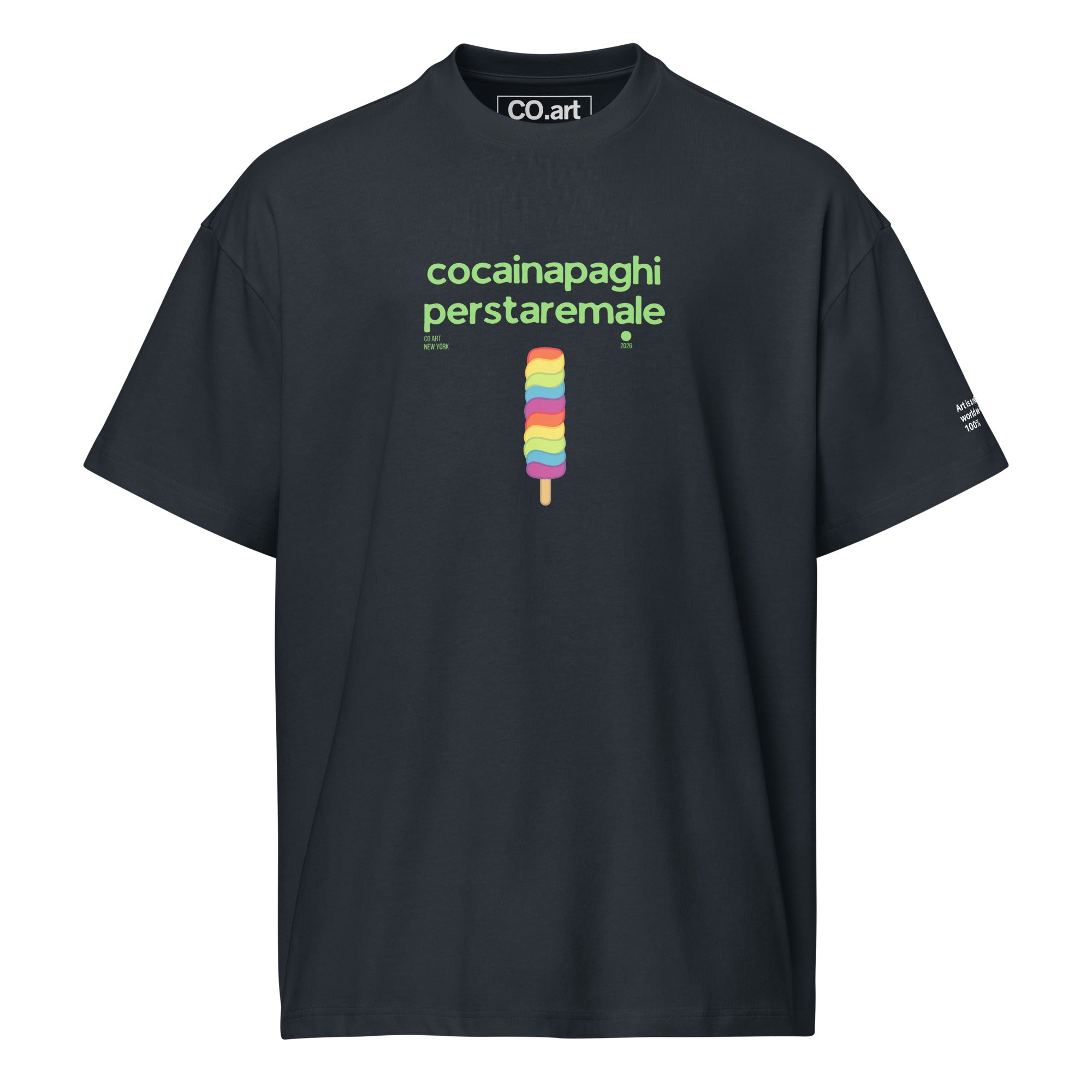 T-shirt streetwear oversize nera vintage con scritta verde "cocainapaghi perstaremale" e grafica ghiacciolo colorato,.