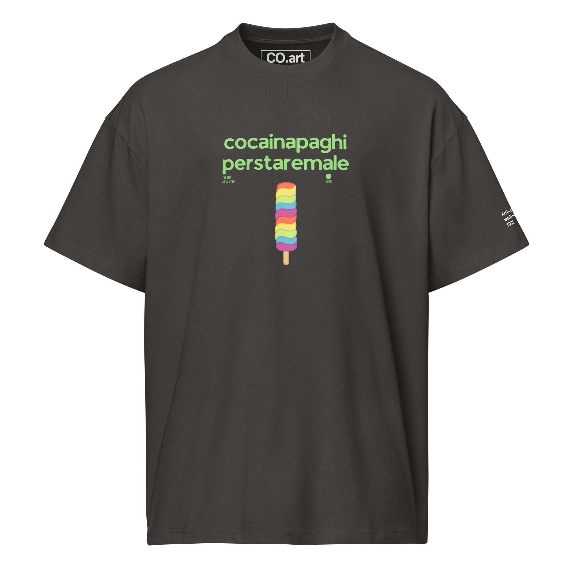 T-shirt oversize nera vintage con grafica streetwear scritta verde "cocainapaghiperstaremale" e ghiacciolo colorato al.