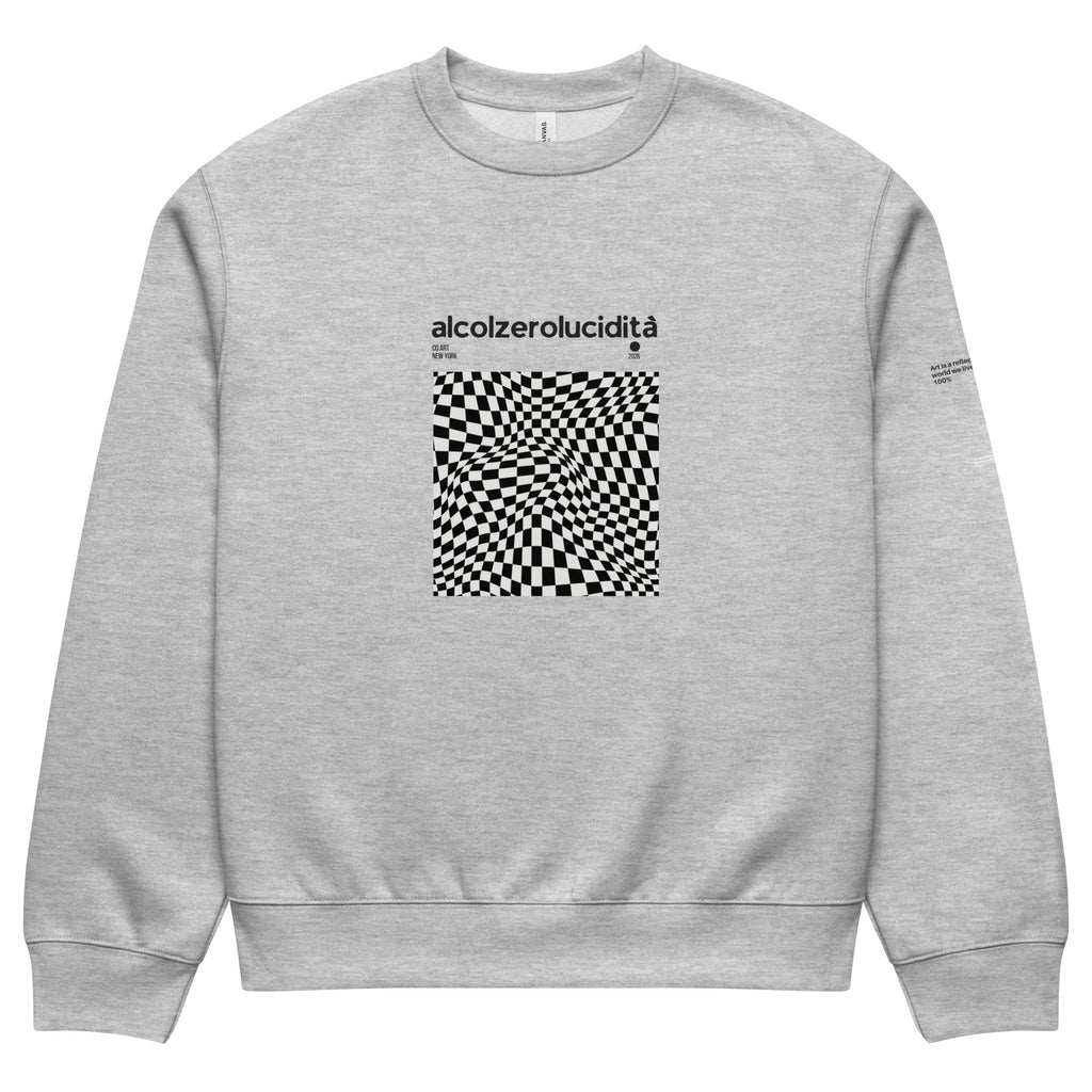 Felpa grigia oversized streetwear con grafica manifesto ottica e scritta nera "alcolzerolucidità" sul davanti, stile unisex, .