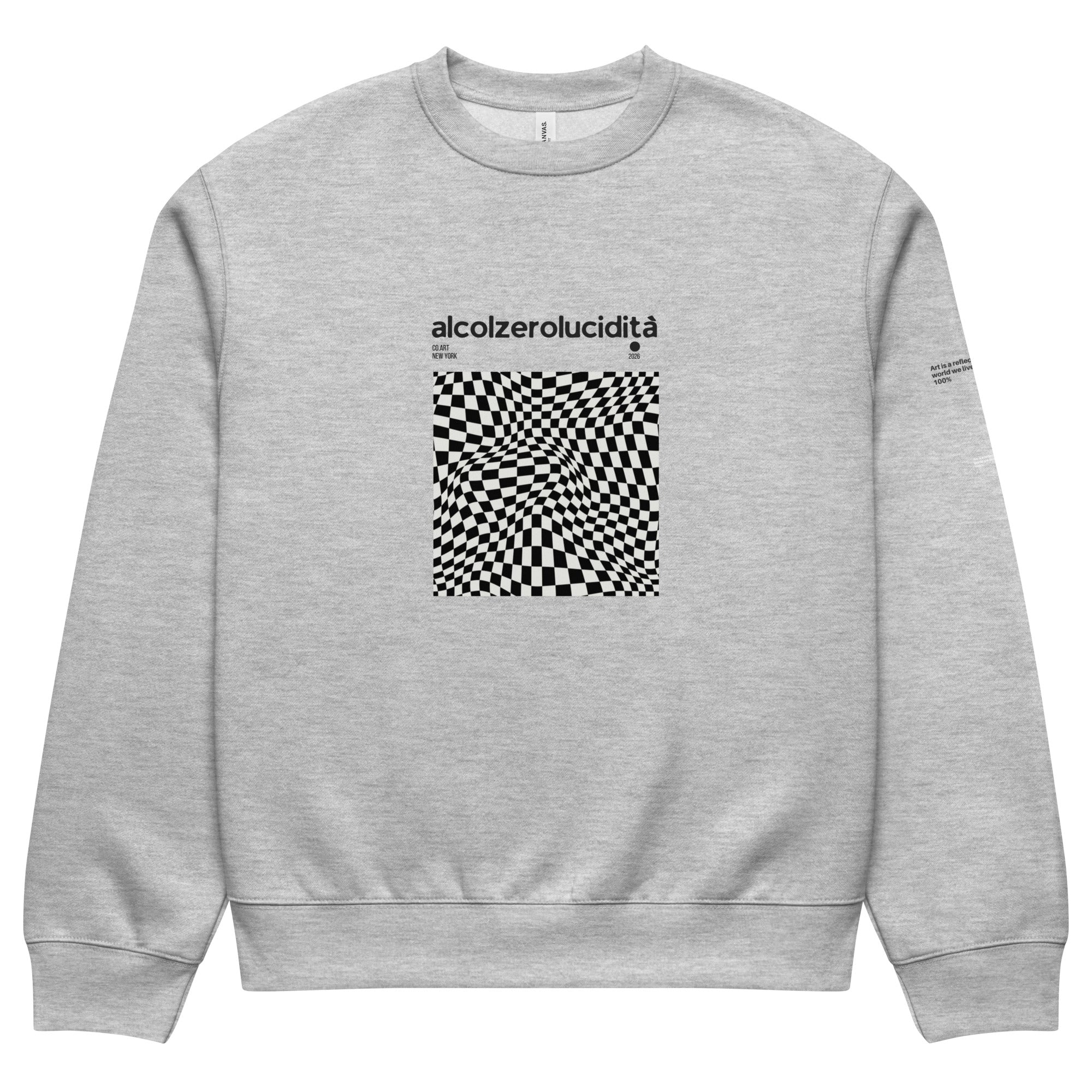 Felpa grigia oversized streetwear con grafica manifesto ottica e scritta nera "alcolzerolucidità" sul davanti, stile unisex, .
