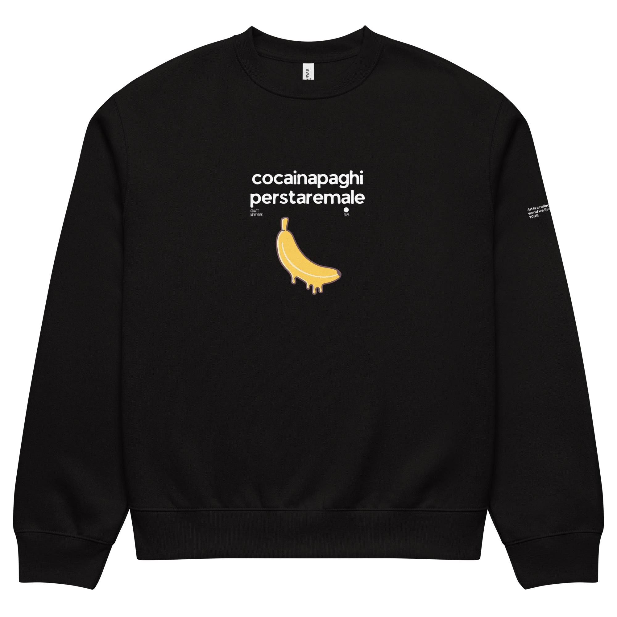 Felpa nera oversized con scritta bianca "cocainapaghiperstaremale" e grafica banana gialla stilizzata, stile streetwear.