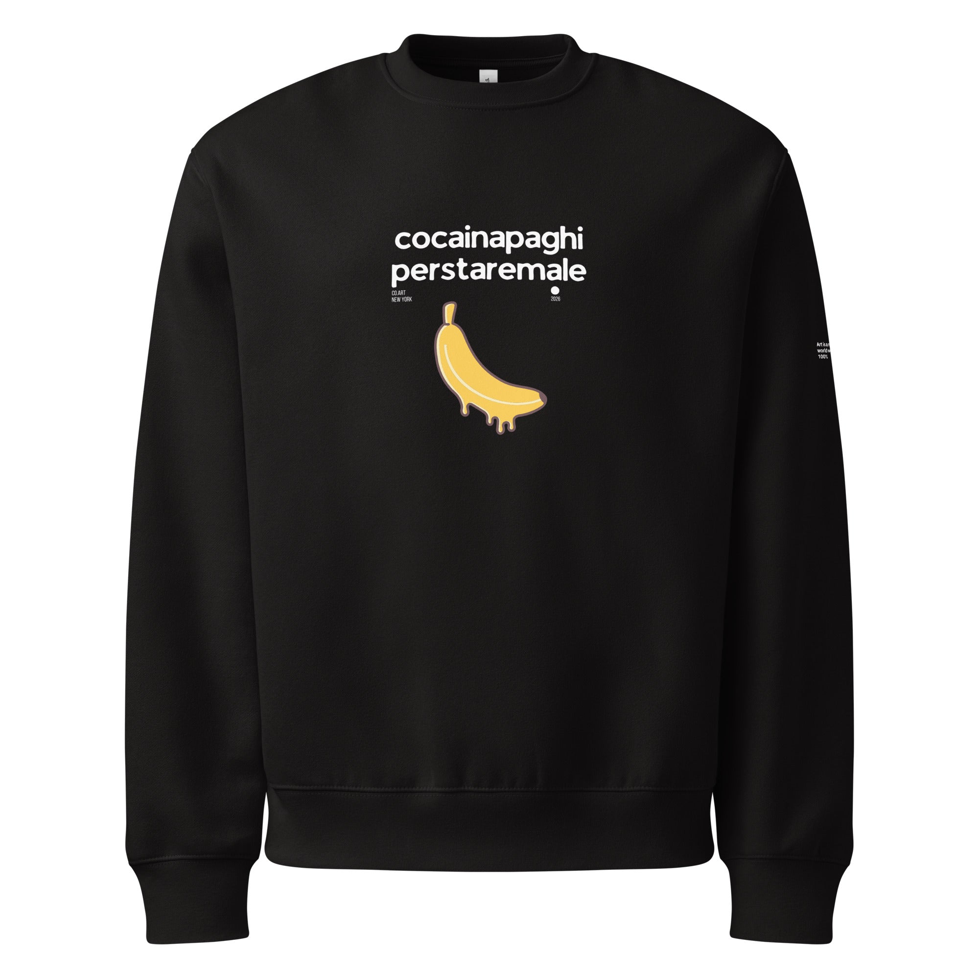 Felpa nera oversize streetwear con scritta bianca "cocainepaghi per stare male" e grafica banana gialla stilizzata sul.