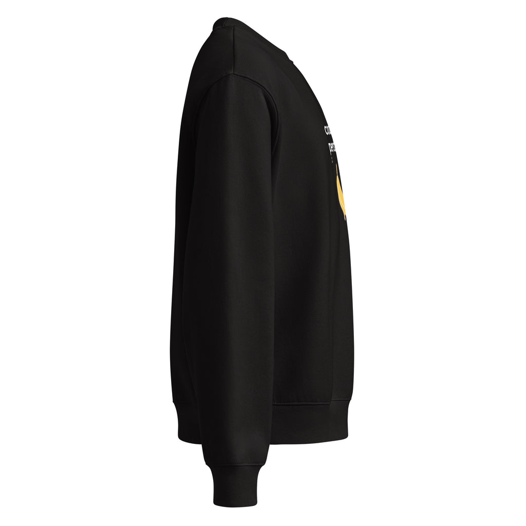 Felpa nera oversize girocollo con scritta bianca "CocainaPaghiPerStareMale" e grafica Banana, stile streetwear manifesto.