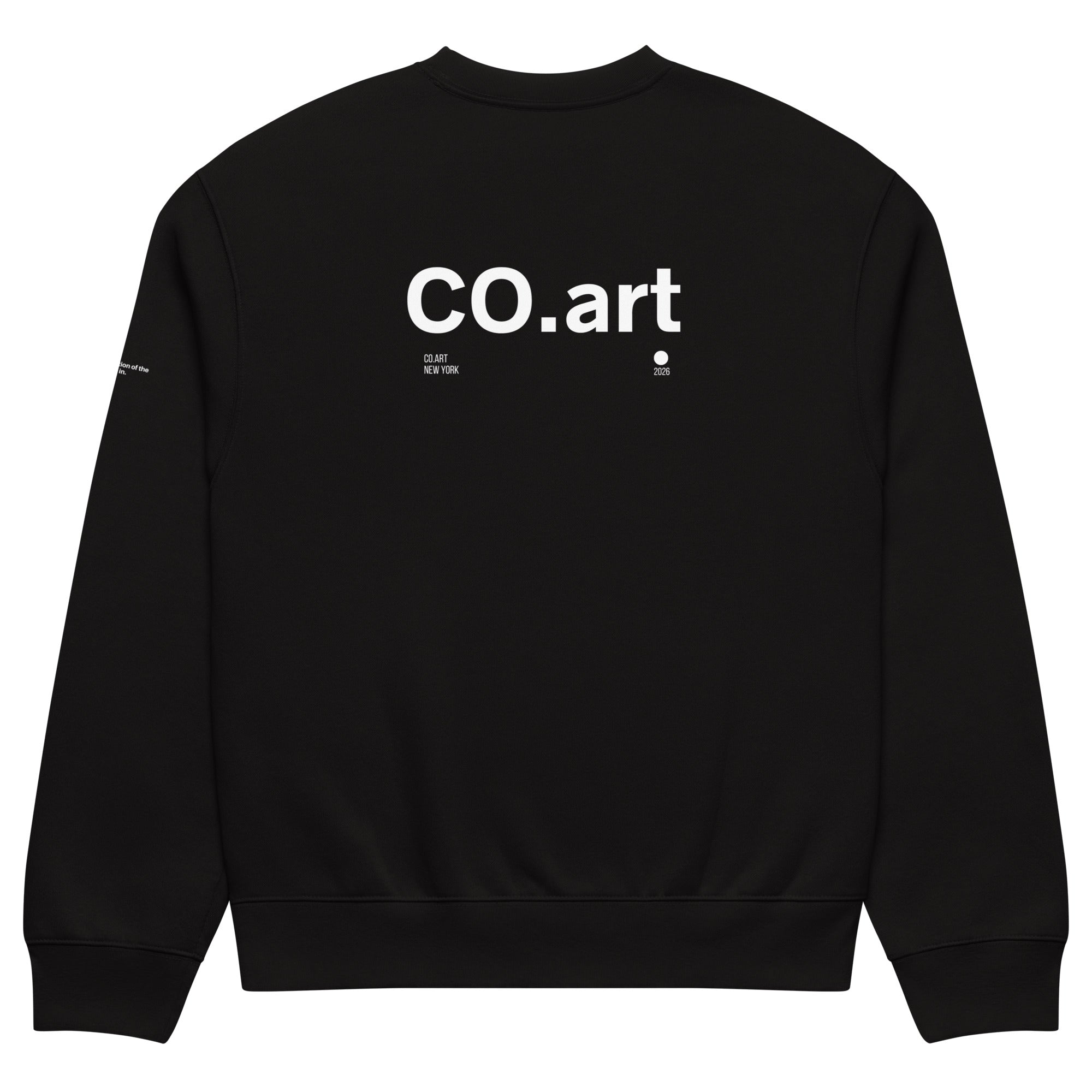 Felpa nera oversize streetwear con grafica bianca "CO.art" manifesto messaggio forte sul retro.