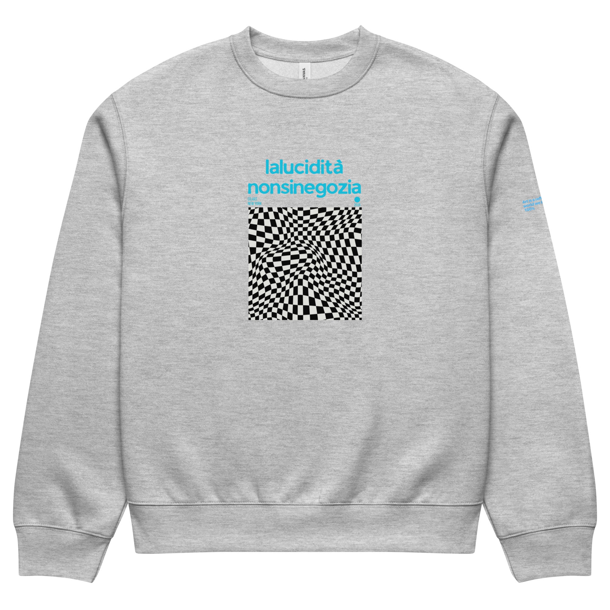 Felpa oversize grigia con grafica manifesto nera a scacchi distorti e scritta blu streetwear "lalucidità nonsi negozia" sul.