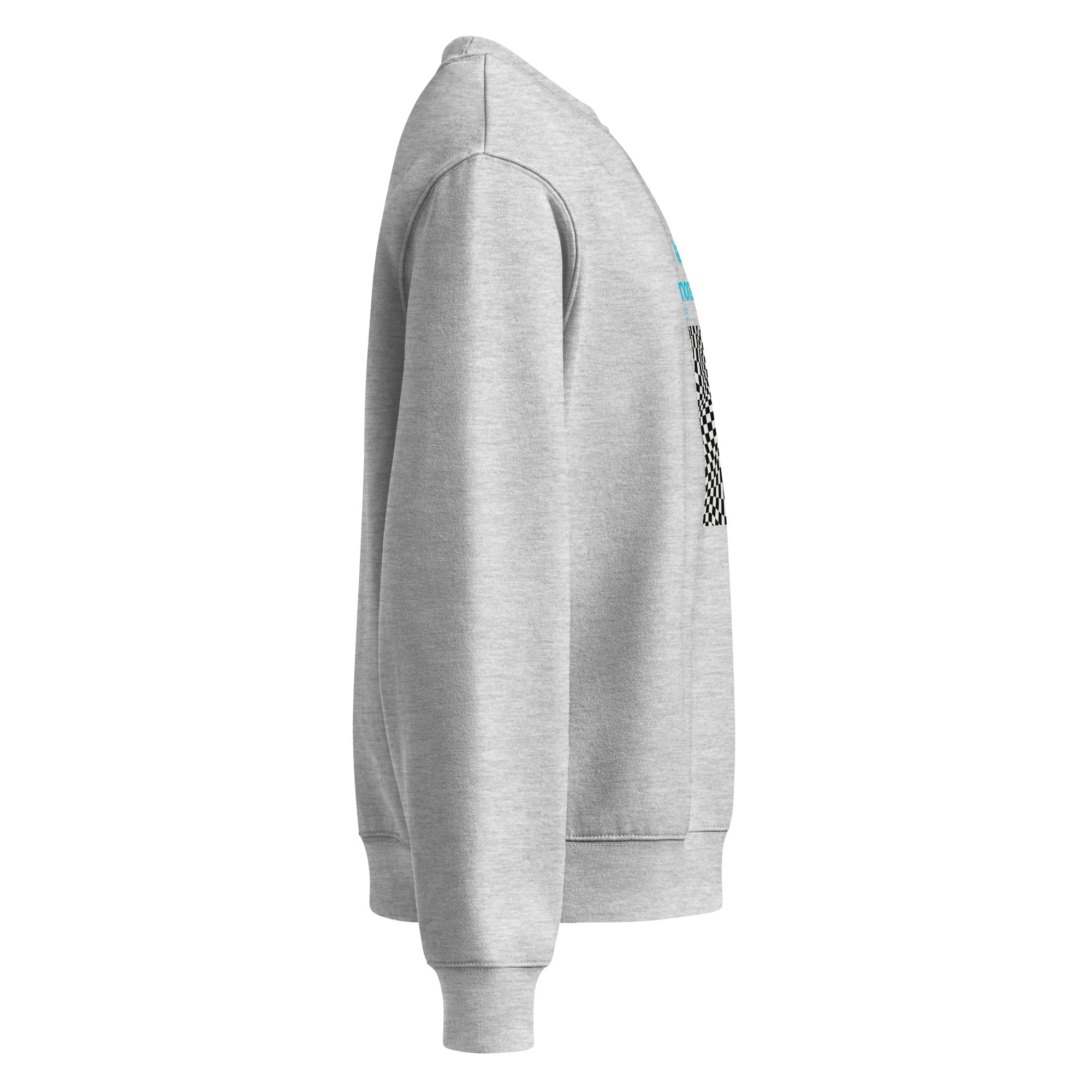 Felpa girocollo oversized grigia con grafica manifesto nero e scritta blu Virtual a contrasto, streetwear unisex con.