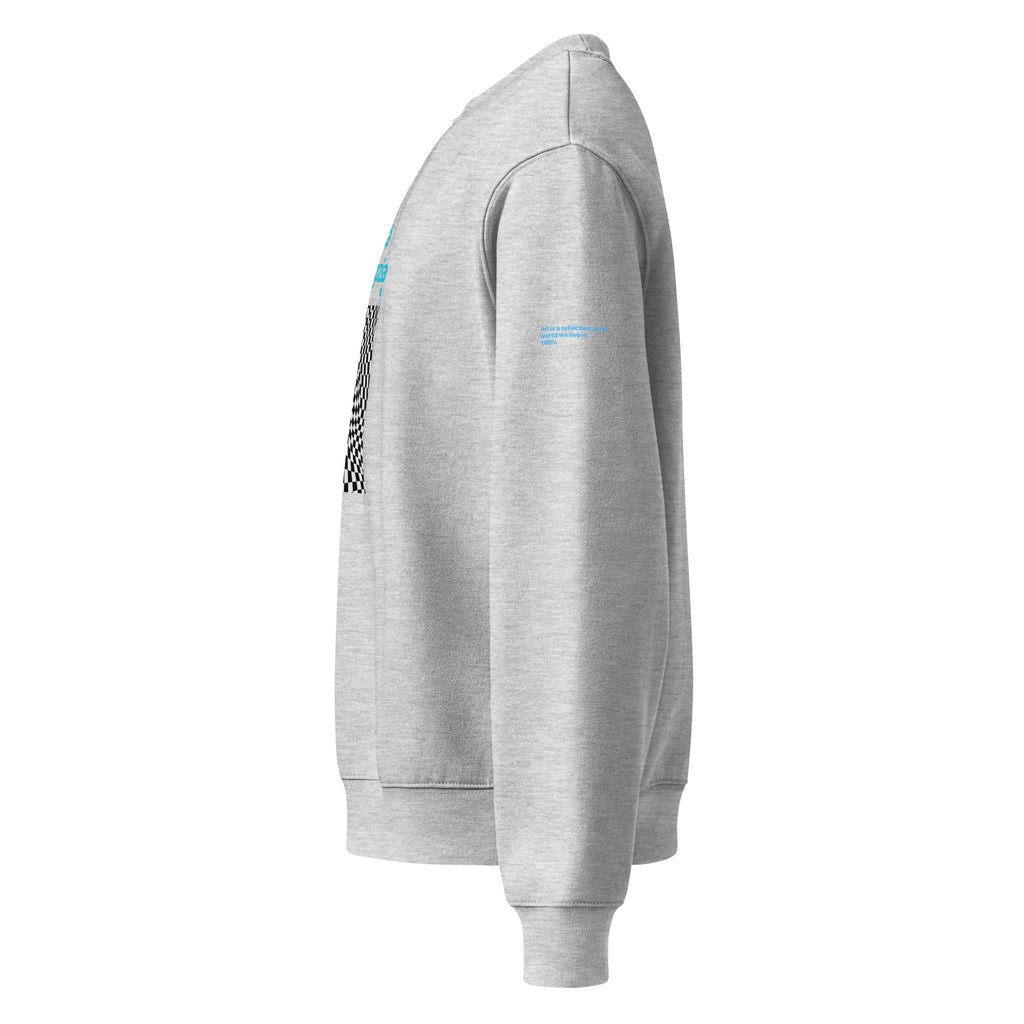 Felpa oversized grigia con scritta blu "Virtual" sulla manica, stile streetwear con grafica manifesto e messaggio forte,.