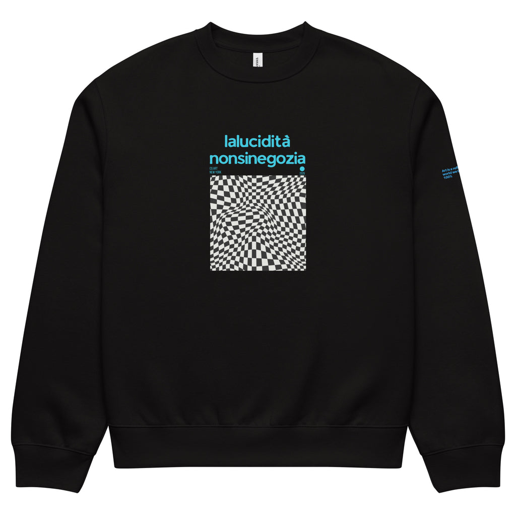 Felpa girocollo nera oversized con grafica streetwear, scritta blu "lalucidità nonsinegozia" sopra manifesto ottico bianco e .