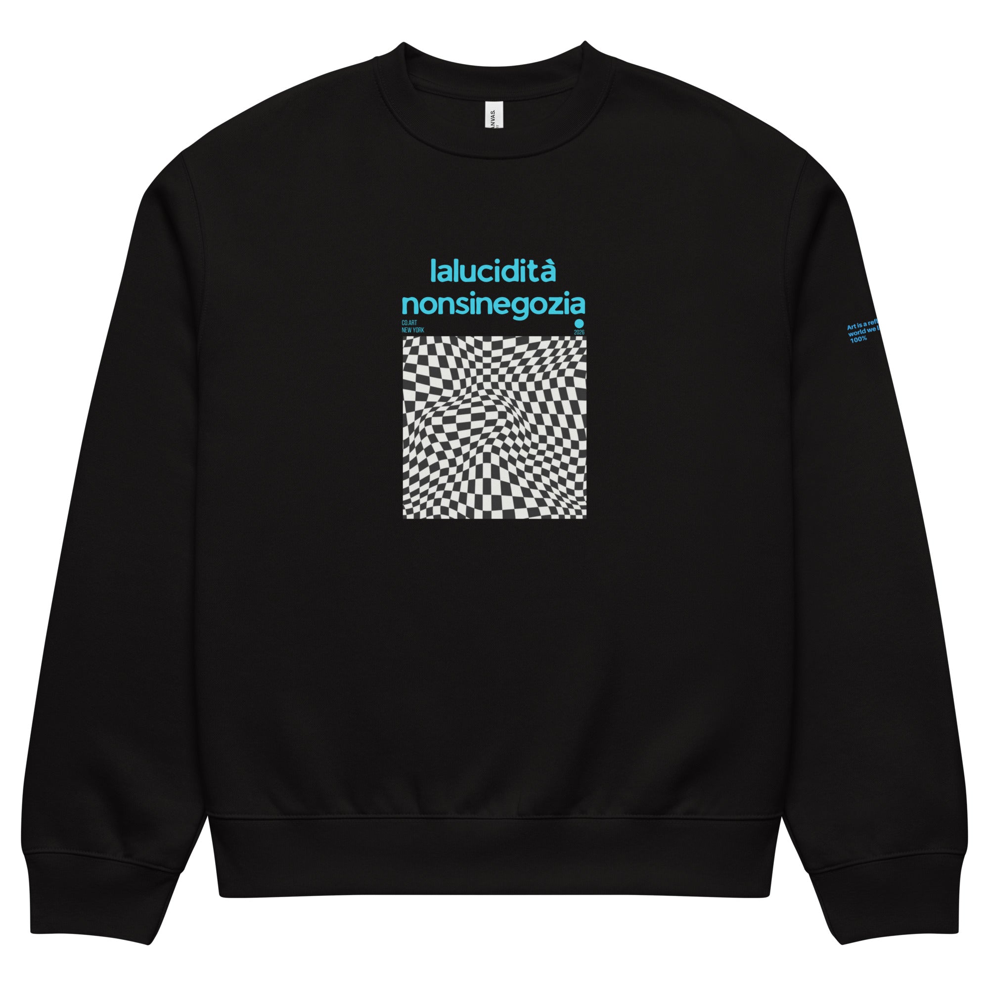 Felpa girocollo nera oversized con grafica streetwear, scritta blu "lalucidità nonsinegozia" sopra manifesto ottico bianco e .