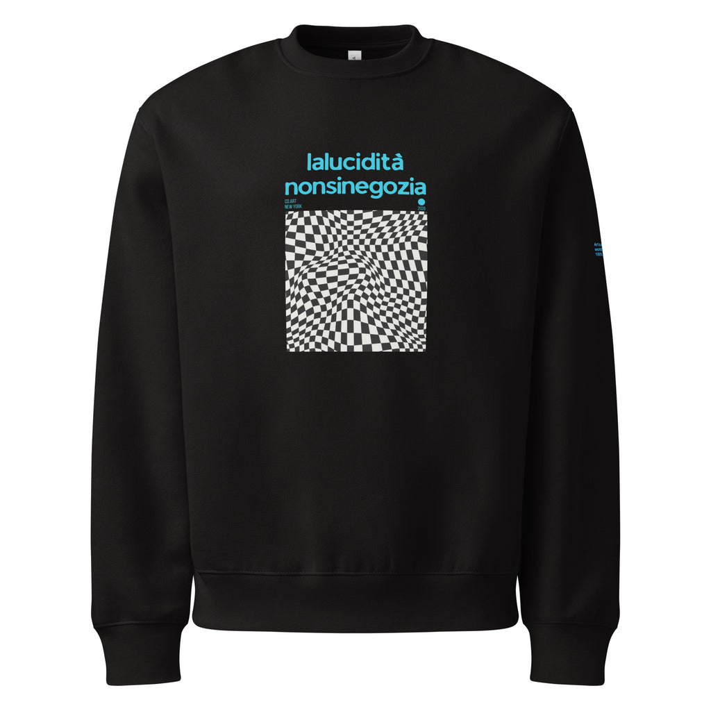 Felpa nera oversize con grafica centrale a checkerboard ottico bianco e nero, scritta blu "lalucidità nonsinegozia" stile.