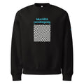 Felpa nera oversize con grafica centrale a checkerboard ottico bianco e nero, scritta blu "lalucidità nonsinegozia" stile.