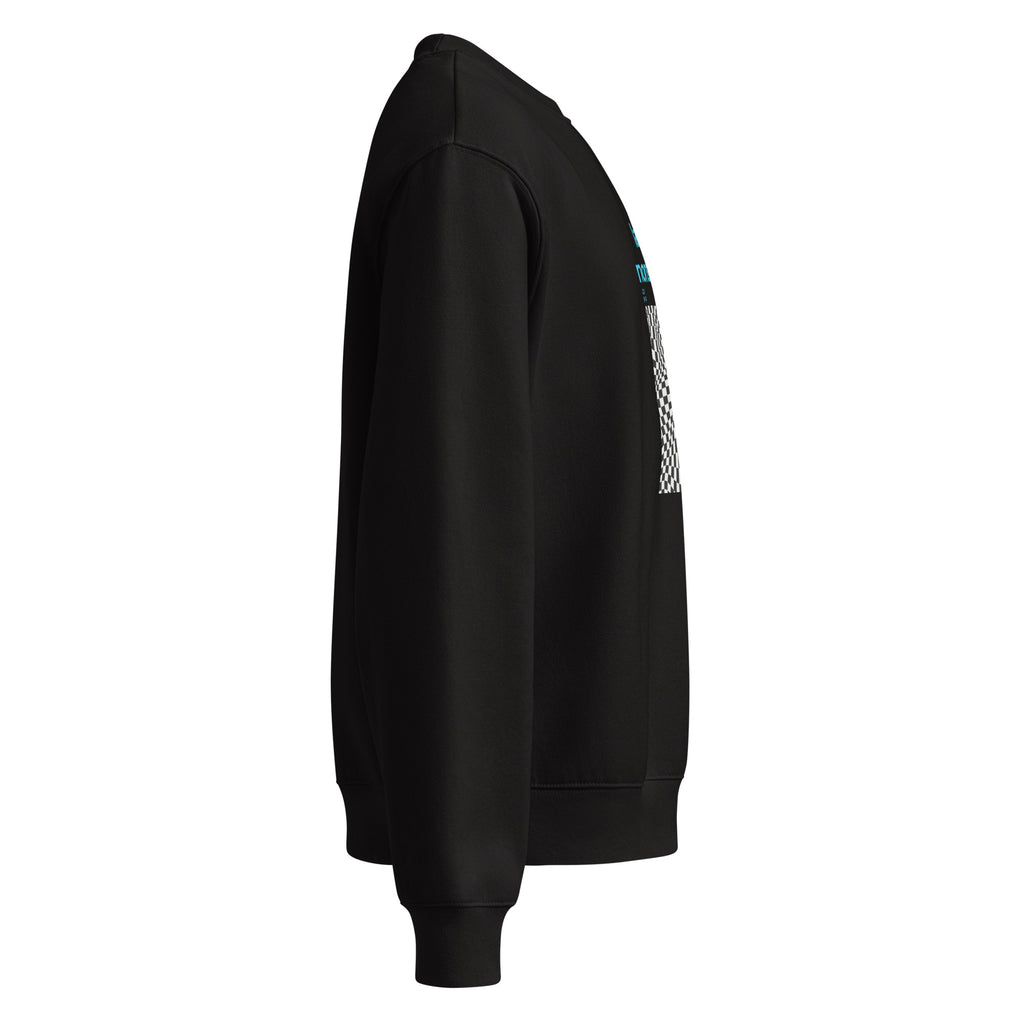 Felpa girocollo nera oversize con grafica manifesto e messaggio forte in blu virtual, stile streetwear unisex.