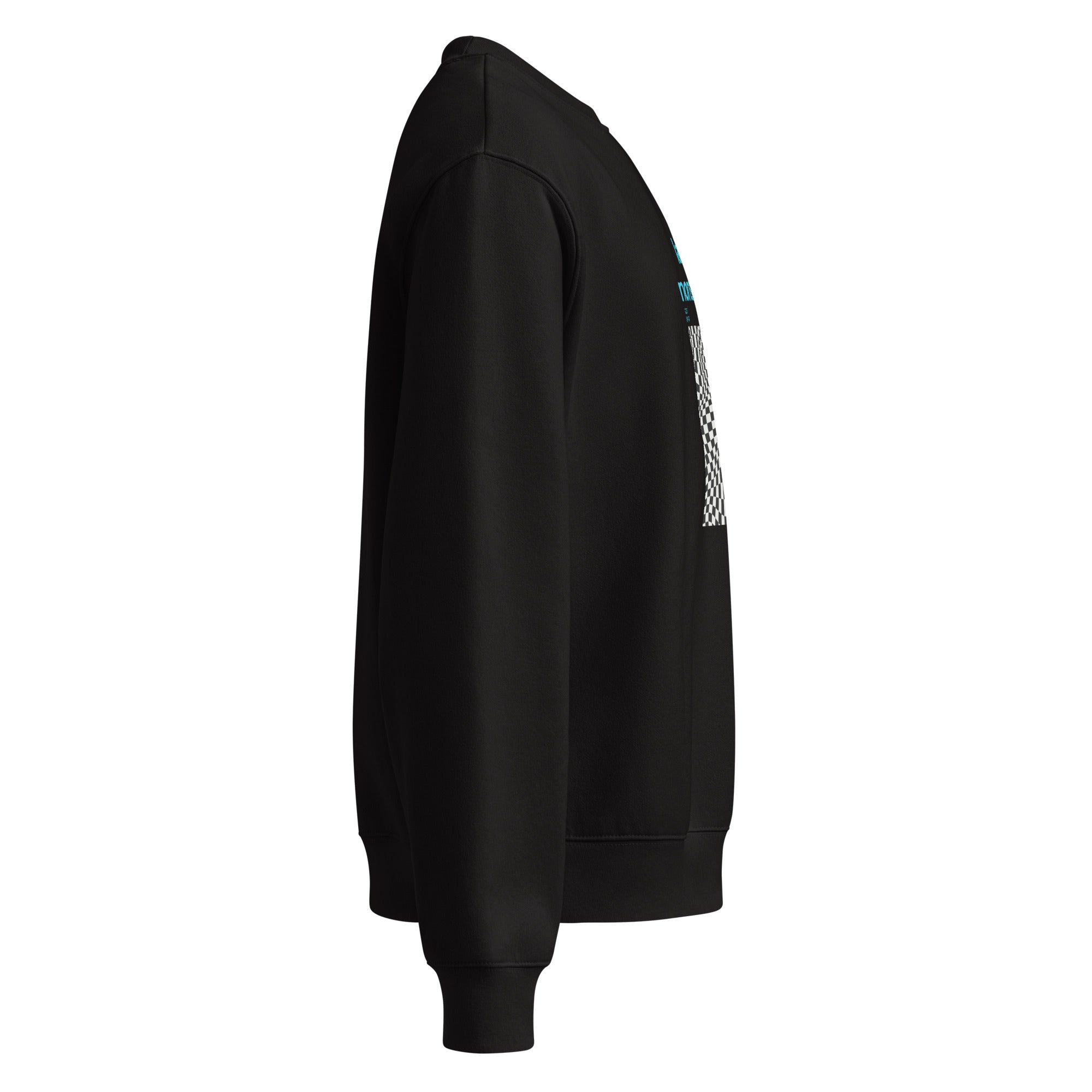 Felpa girocollo nera oversize con grafica manifesto e messaggio forte in blu virtual, stile streetwear unisex.