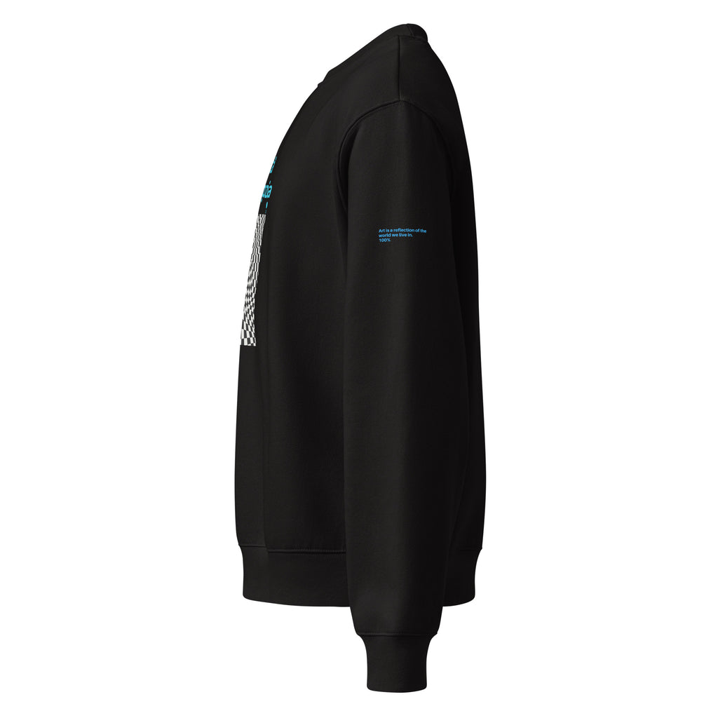 Felpa nera oversized con grafica manifesto e scritta blu "LaLuciditàNonSiNegozia" su manica, stile streetwear messaggio.