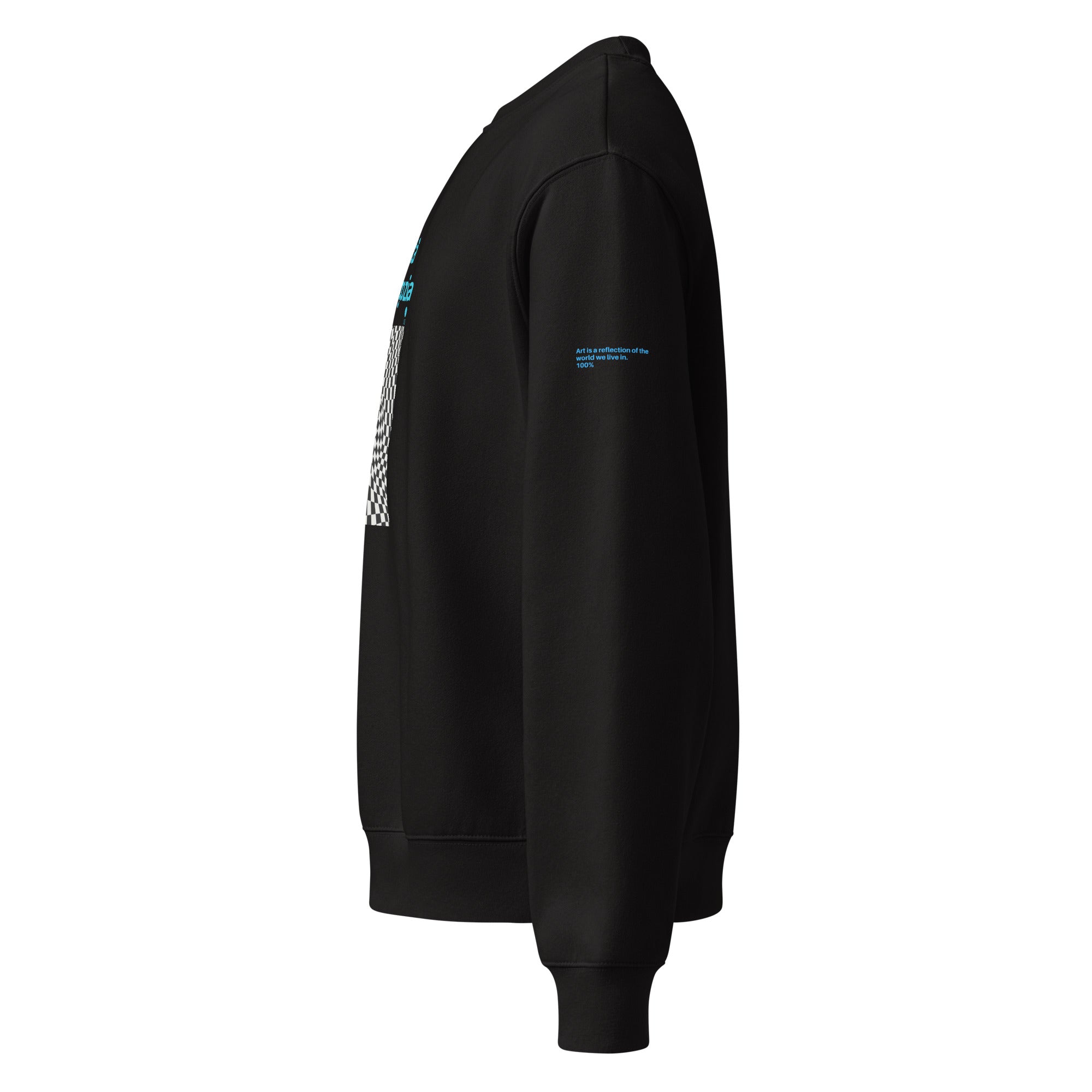 Felpa nera oversized con grafica manifesto e scritta blu "LaLuciditàNonSiNegozia" su manica, stile streetwear messaggio.