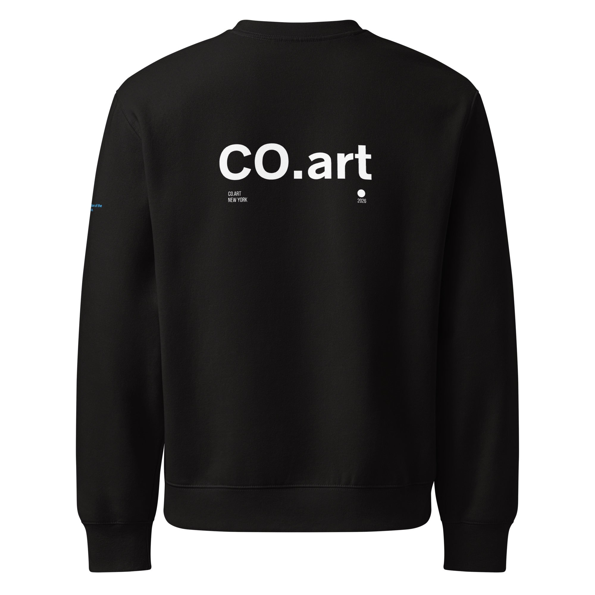 Felpa girocollo nera oversize con grafica manifesto testo "CO.art" in bianco e simbolo blu streetwear messaggio forte.