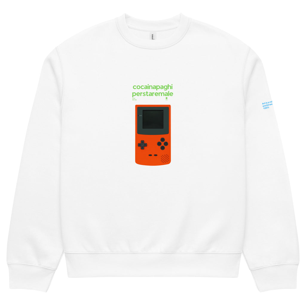 Felpa oversize bianca con grafica streetwear di console portatile rossa e testo verde "cocainapaghiperstaremale" centrale,.