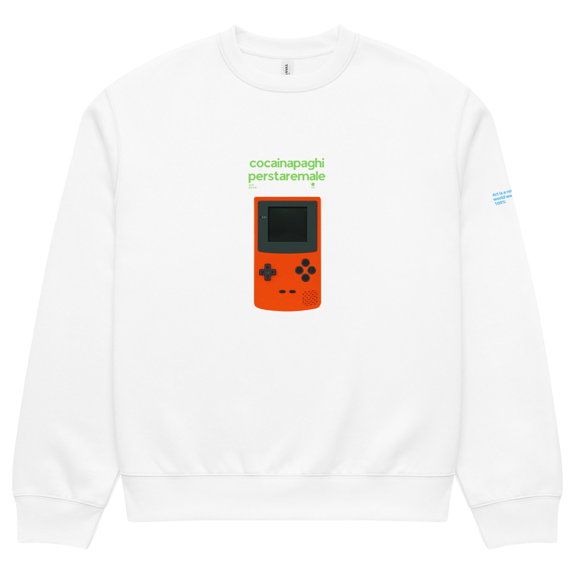 Felpa oversize bianca con grafica streetwear di console portatile rossa e testo verde "cocainapaghiperstaremale" centrale,.