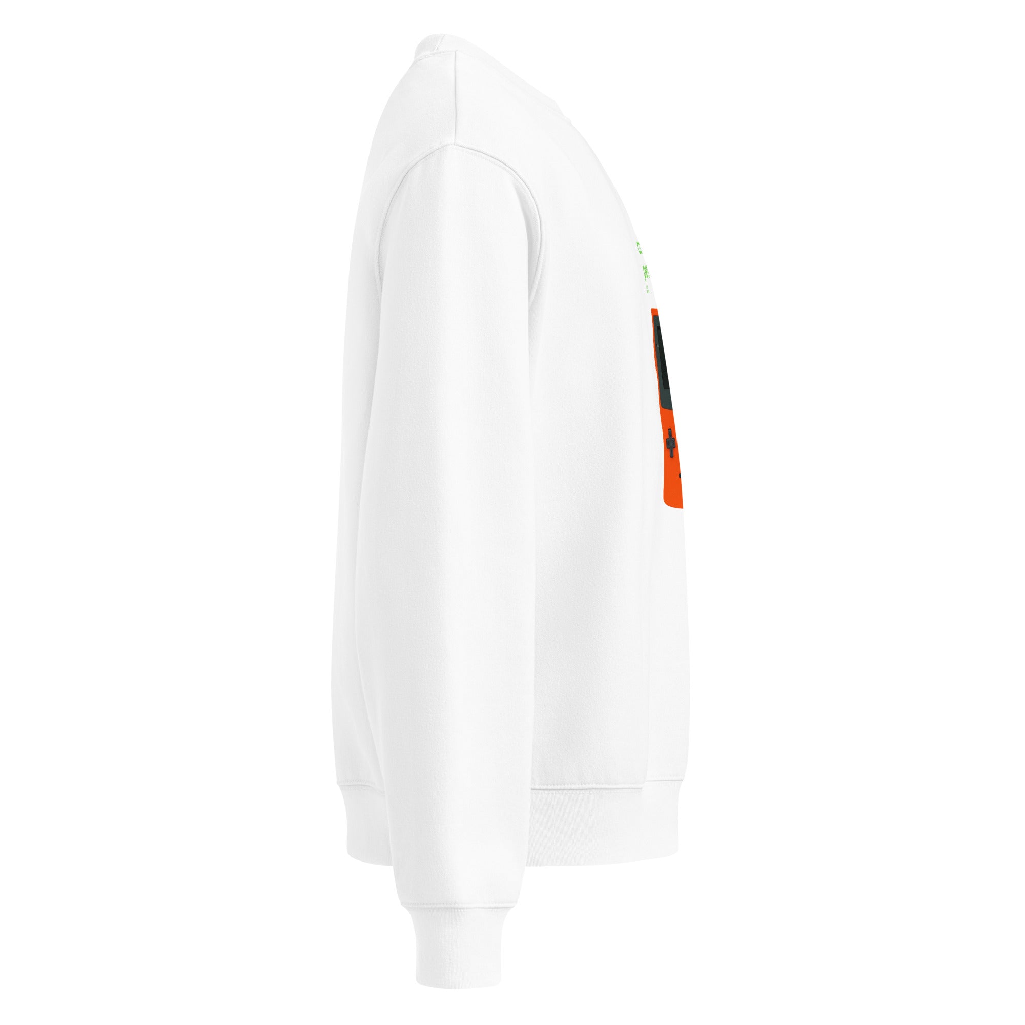 Felpa girocollo oversized bianca con grafica fronte violenta a colori e testo manifesto messaggio forte streetwear.