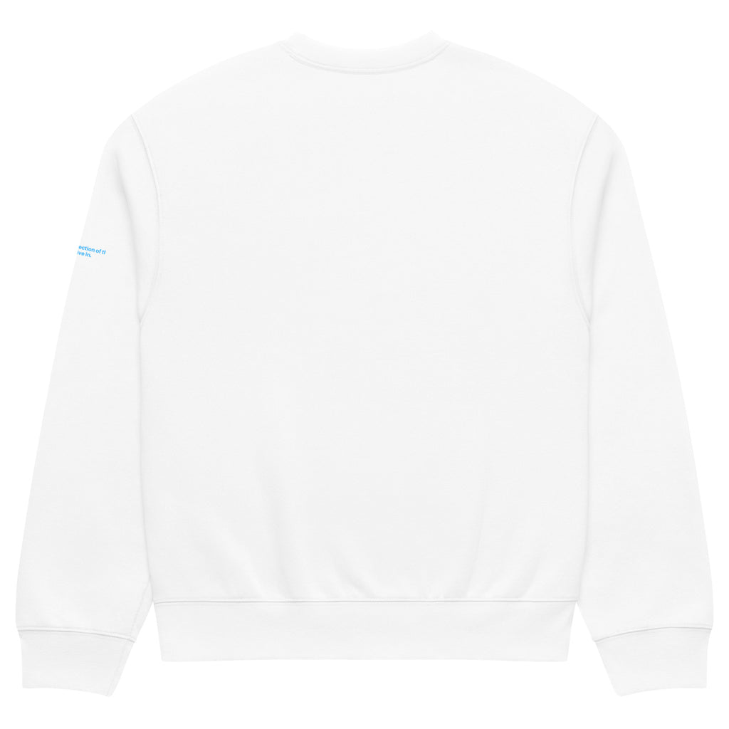 Felpa girocollo oversized bianca con grafica minimalista, messaggio forte in stile streetwear, design pulito sul retro,.
