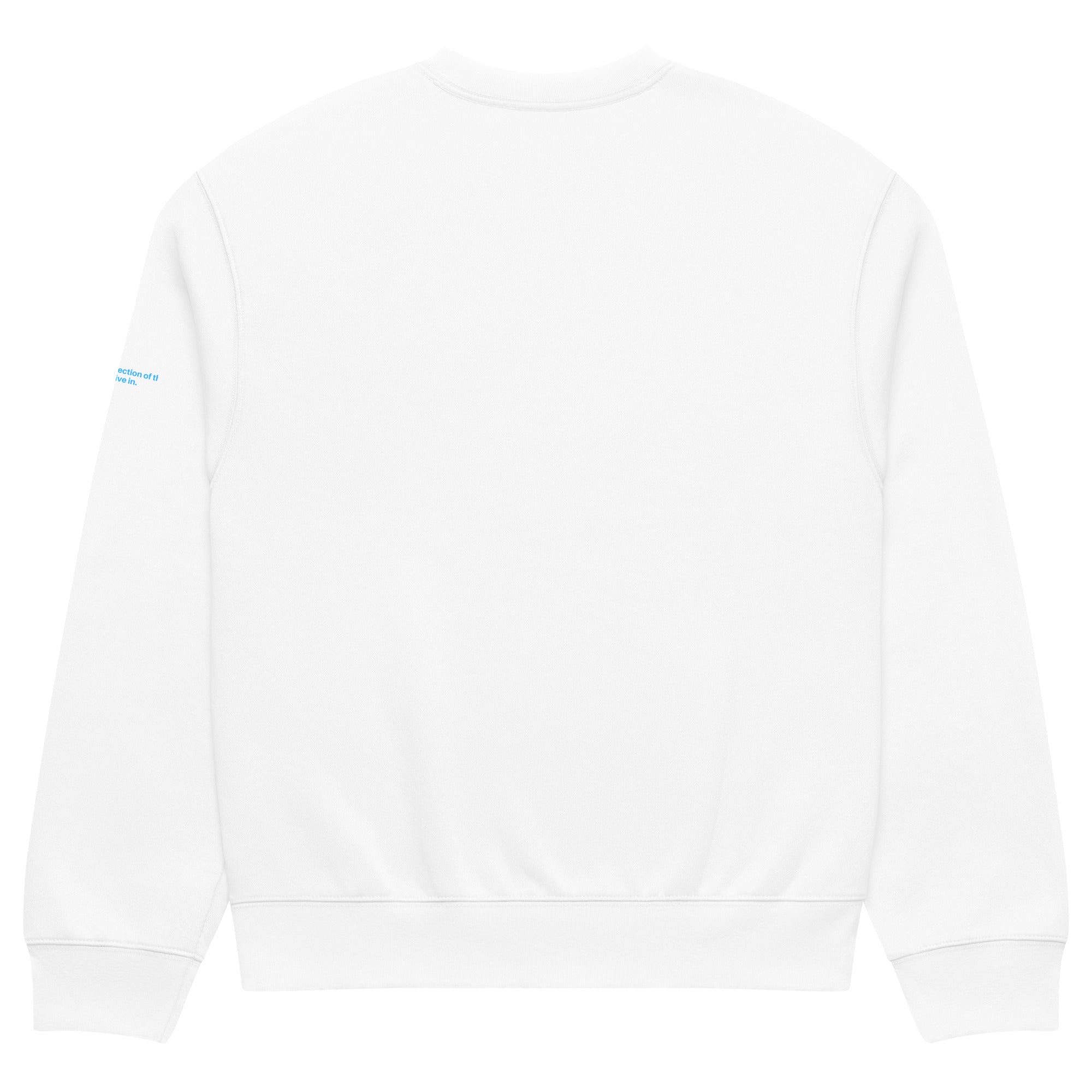 Felpa girocollo oversized bianca con grafica minimalista, messaggio forte in stile streetwear, design pulito sul retro,.