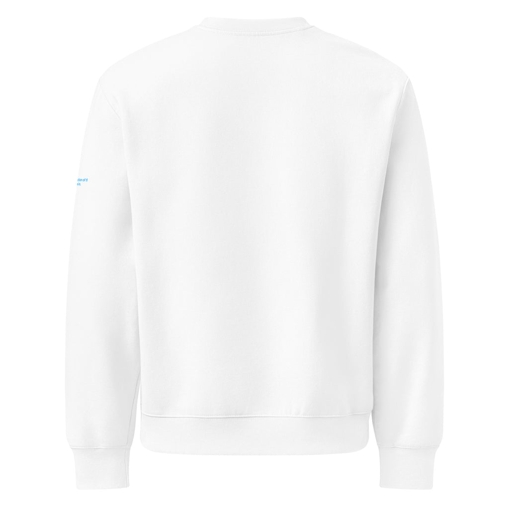 Felpa girocollo oversize bianca vista sul retro con grafica minimalista e stile streetwear, tessuto morbido e dettagli.