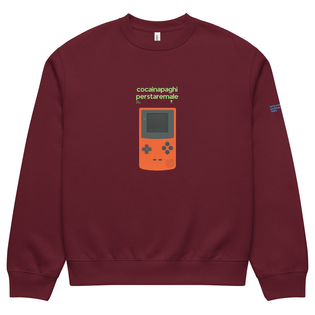 Felpa oversized granata con grafica streetwear videogioco arancione e testo manifesto "cocainapaghi per star male" sul.