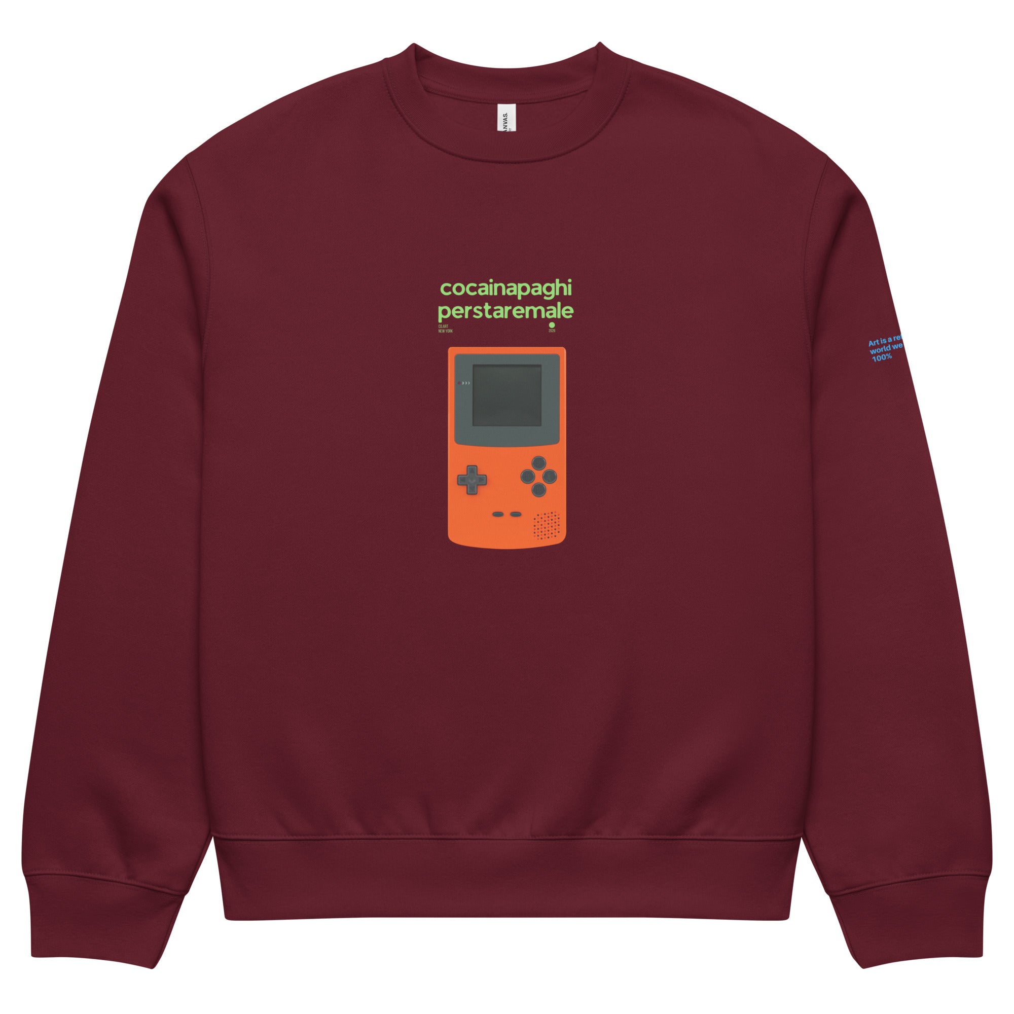 Felpa oversized granata con grafica streetwear videogioco arancione e testo manifesto "cocainapaghi per star male" sul.