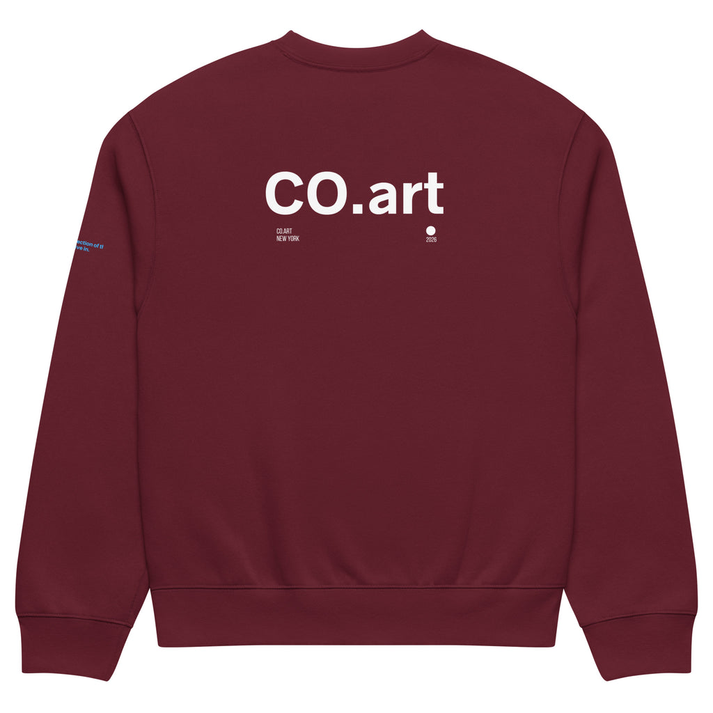 Felpa oversized streetwear granata con grafica bianca "CO.art" e messaggio manifesto forte sul retro.