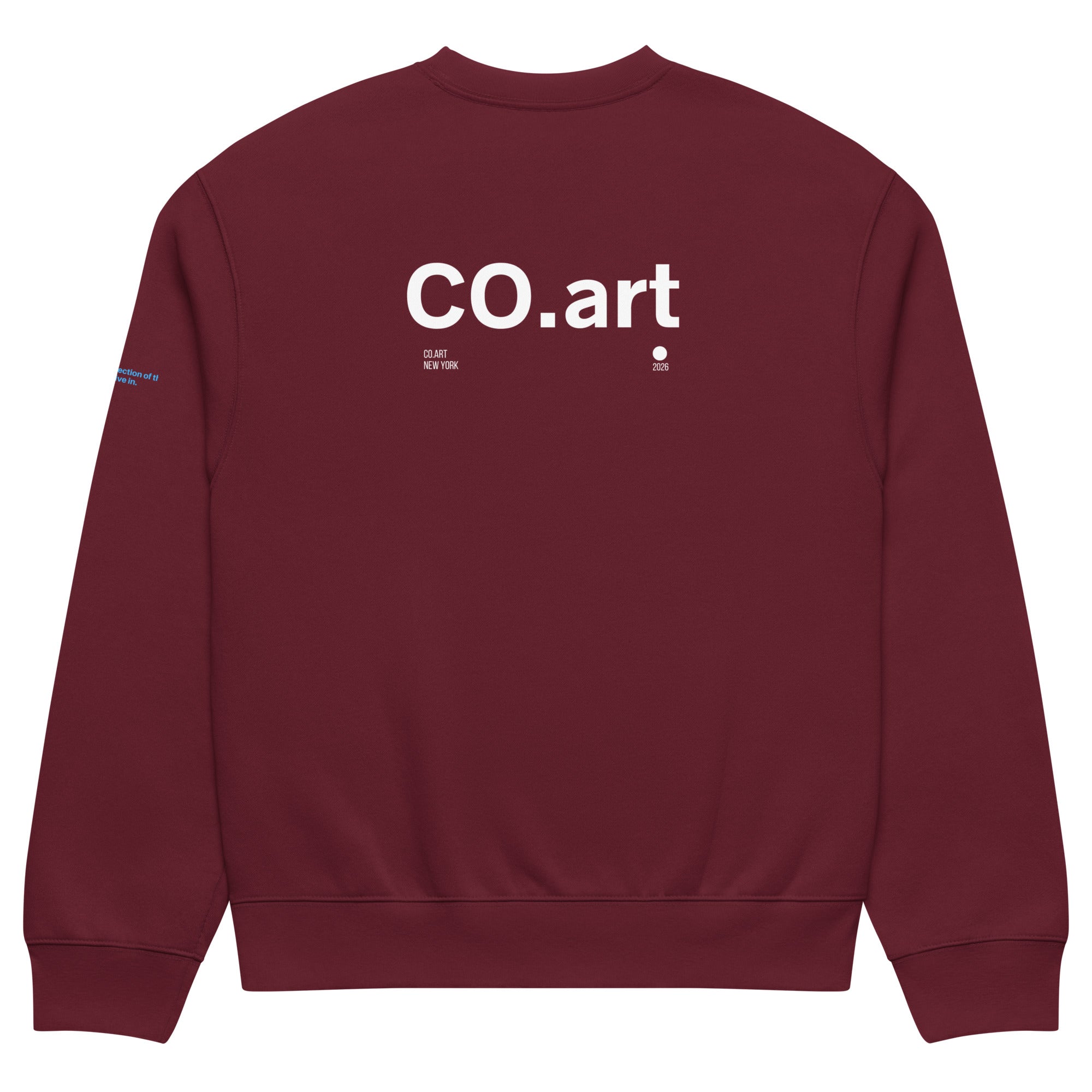 Felpa oversized streetwear granata con grafica bianca "CO.art" e messaggio manifesto forte sul retro.