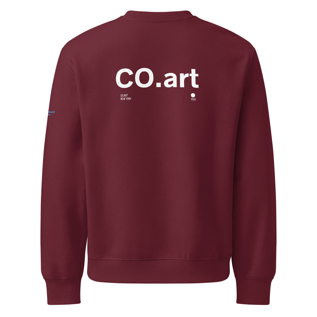 Felpa oversized granata con grafica bianca "CO.art" stile streetwear manifesto messaggio forte collo girocollo.