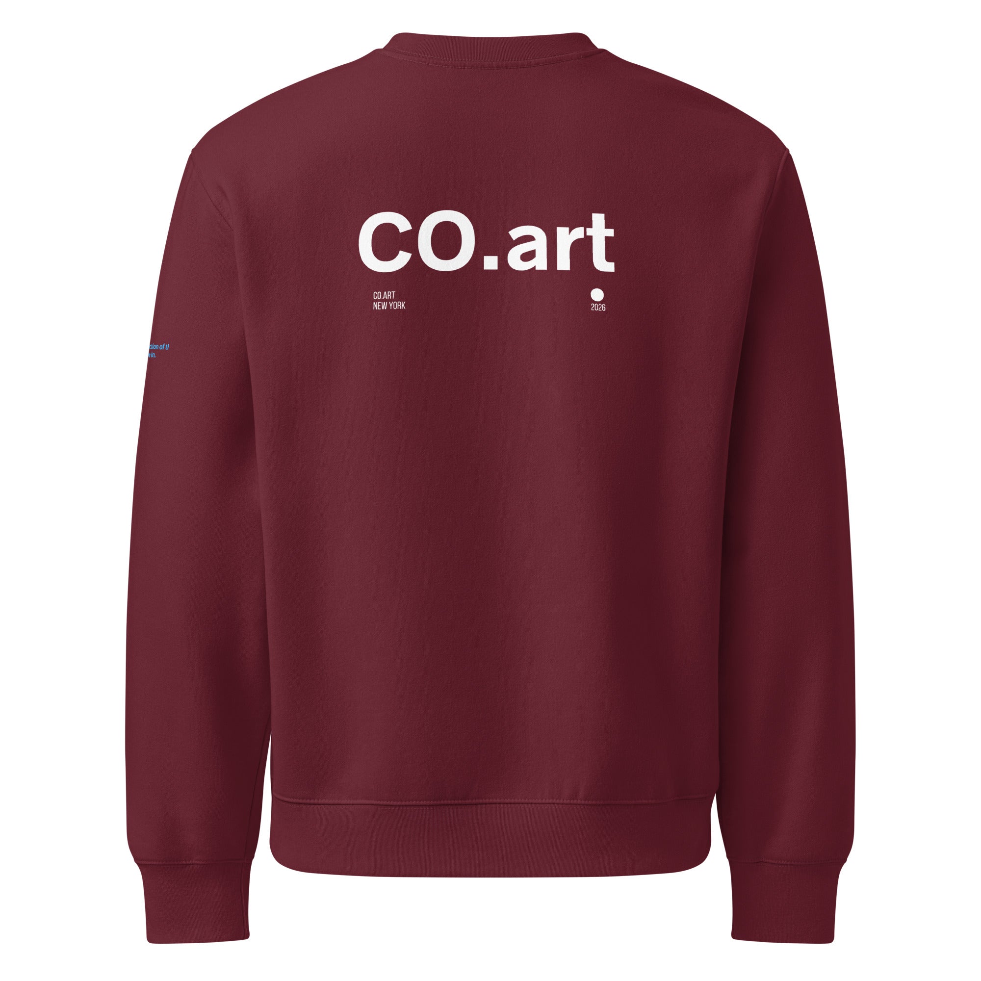 Felpa oversized granata con grafica bianca "CO.art" stile streetwear manifesto messaggio forte collo girocollo.