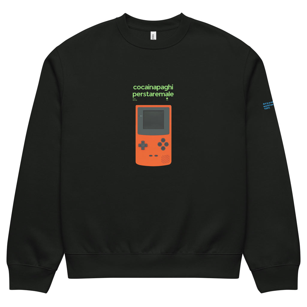 Felpa oversized nera con grafica streetwear di console portatile arancione e testo verde "cocainapaghiperstaremale" sopra,.