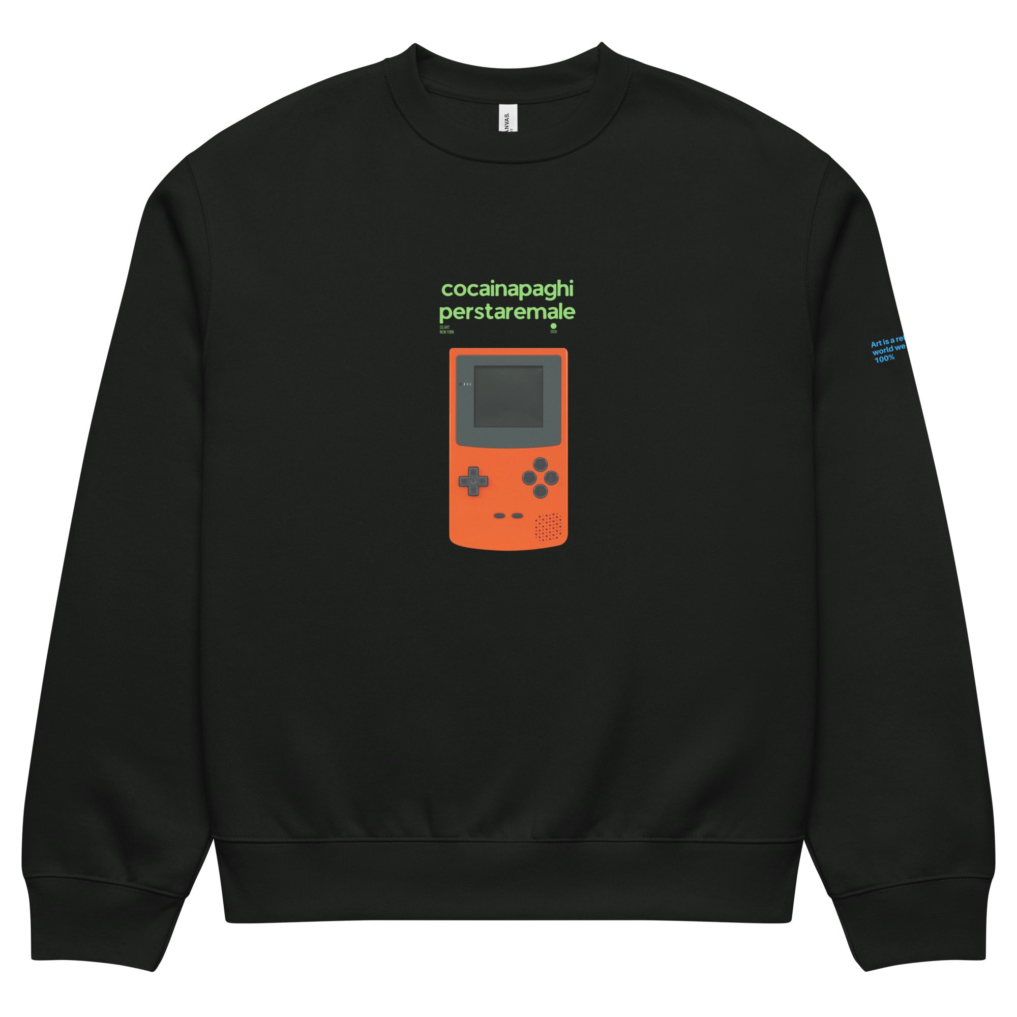 Felpa oversized nera con grafica streetwear di console portatile arancione e testo verde "cocainapaghiperstaremale" sopra,.