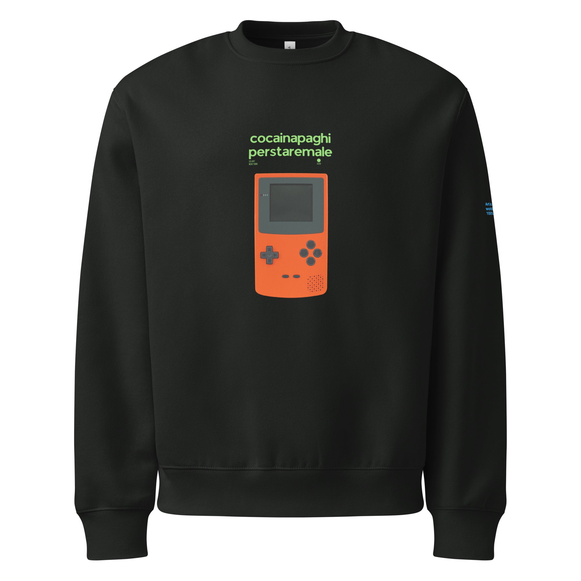 Felpa streetwear oversized nera con grafica arancione di console videogioco e testo manifesto "cocainapaghiperstaremale" sul .