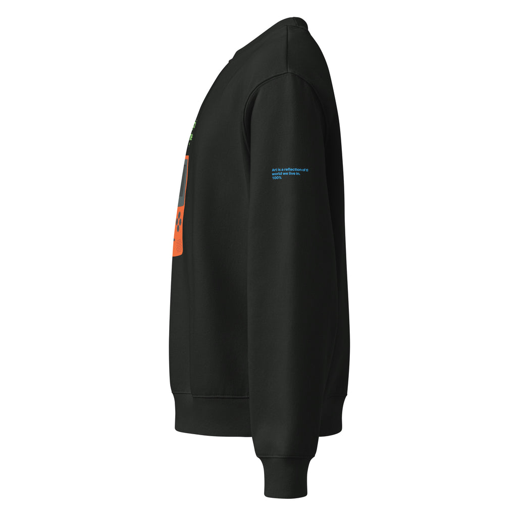 Felpa oversized nera vintage con grafica arancione sul davanti, messaggio manifesto forte in stile streetwear, logo piccolo.