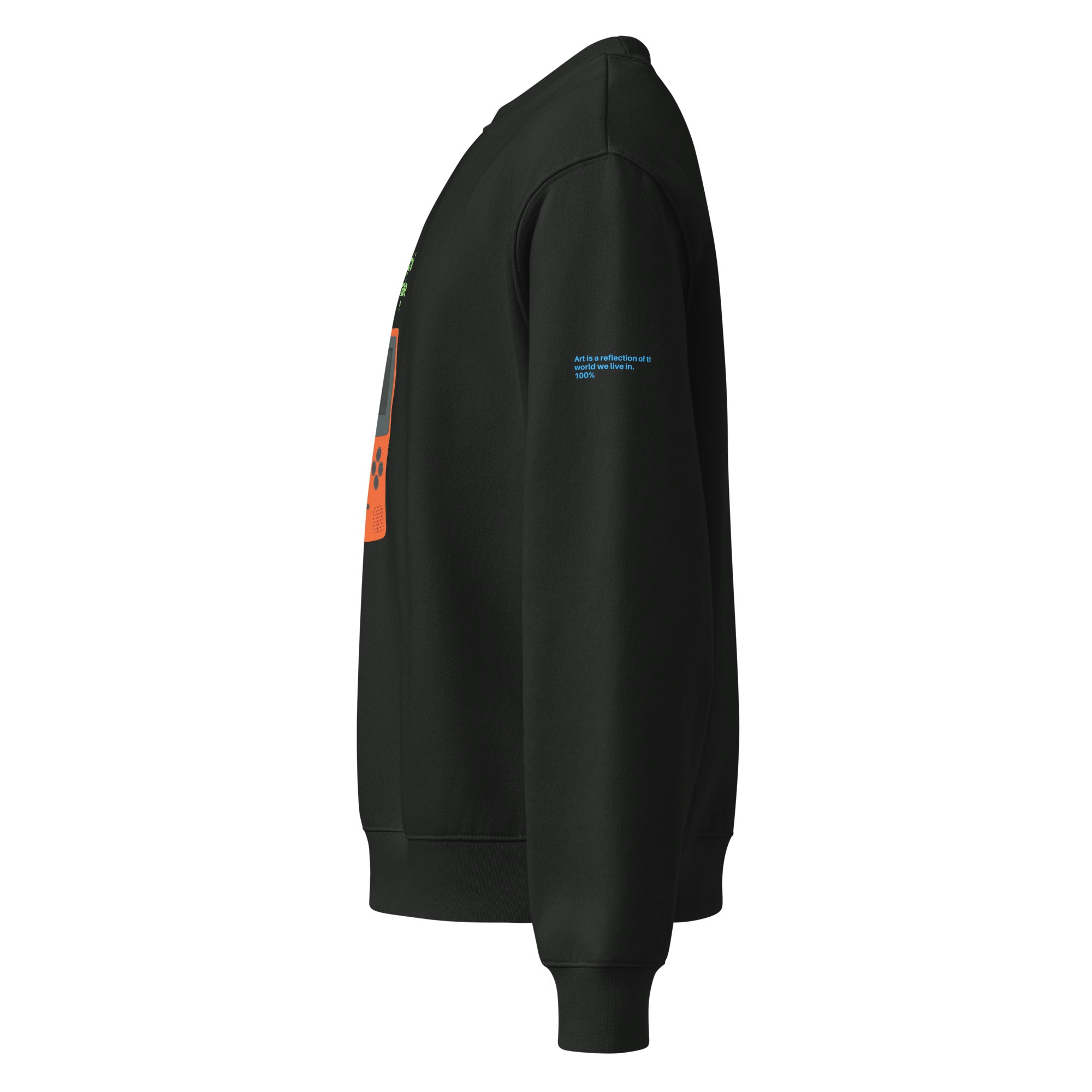 Felpa oversized nera vintage con grafica arancione sul davanti, messaggio manifesto forte in stile streetwear, logo piccolo.
