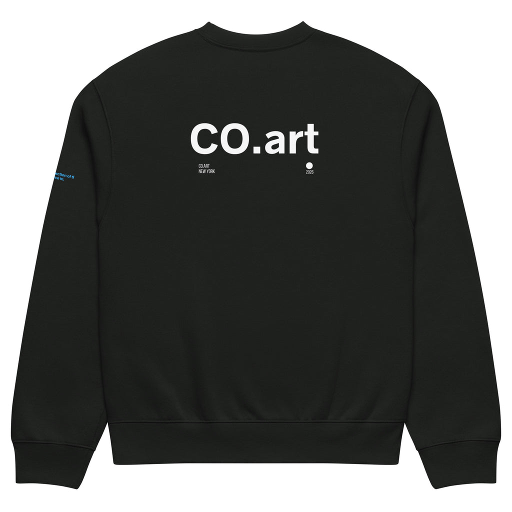 Felpa oversize nera vintage con grafica bianca "CO.art" e piccolo simbolo a forma di stella, stile streetwear con messaggio.
