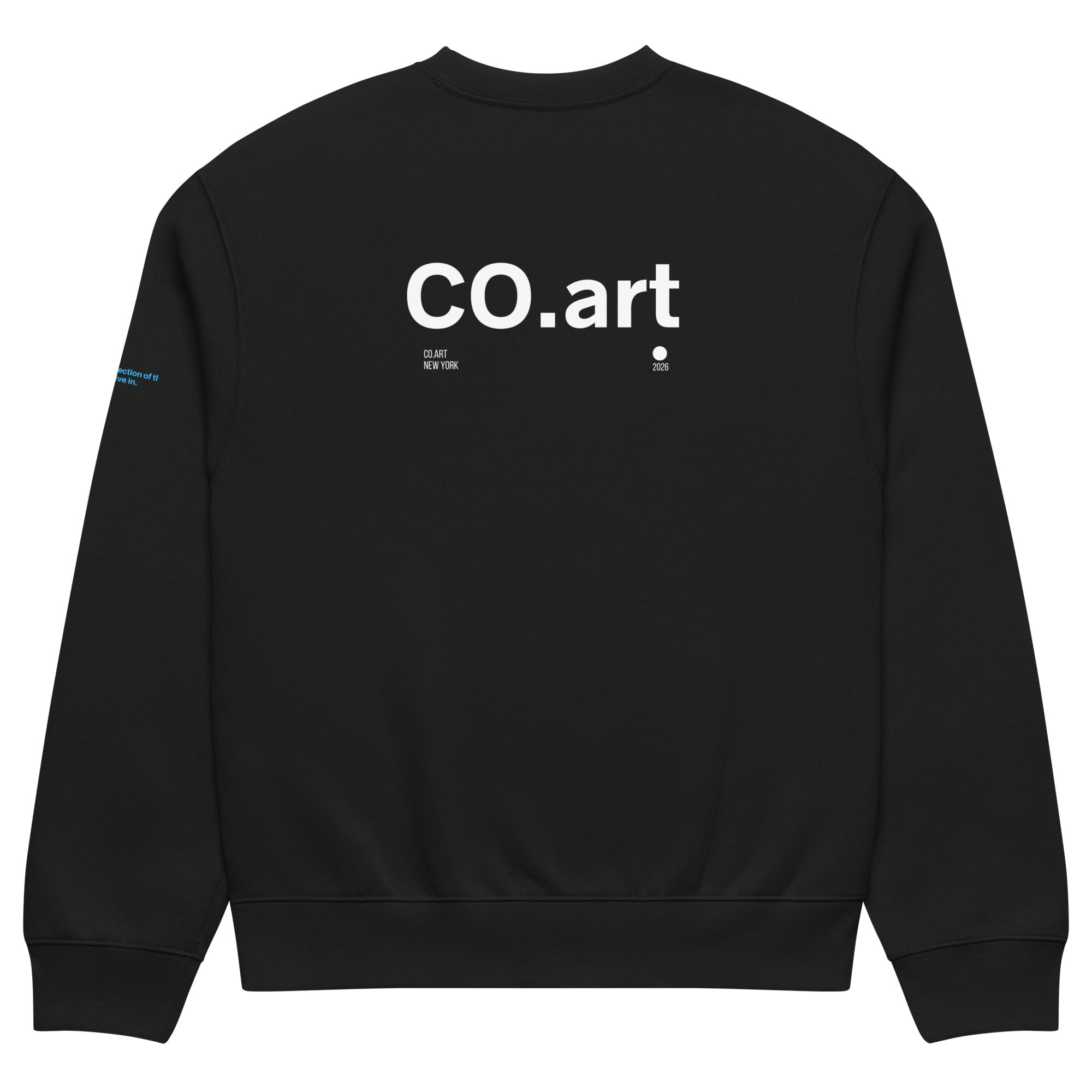 Felpa oversize nera vintage con grafica bianca "CO.art" e piccolo simbolo a forma di stella, stile streetwear con messaggio.
