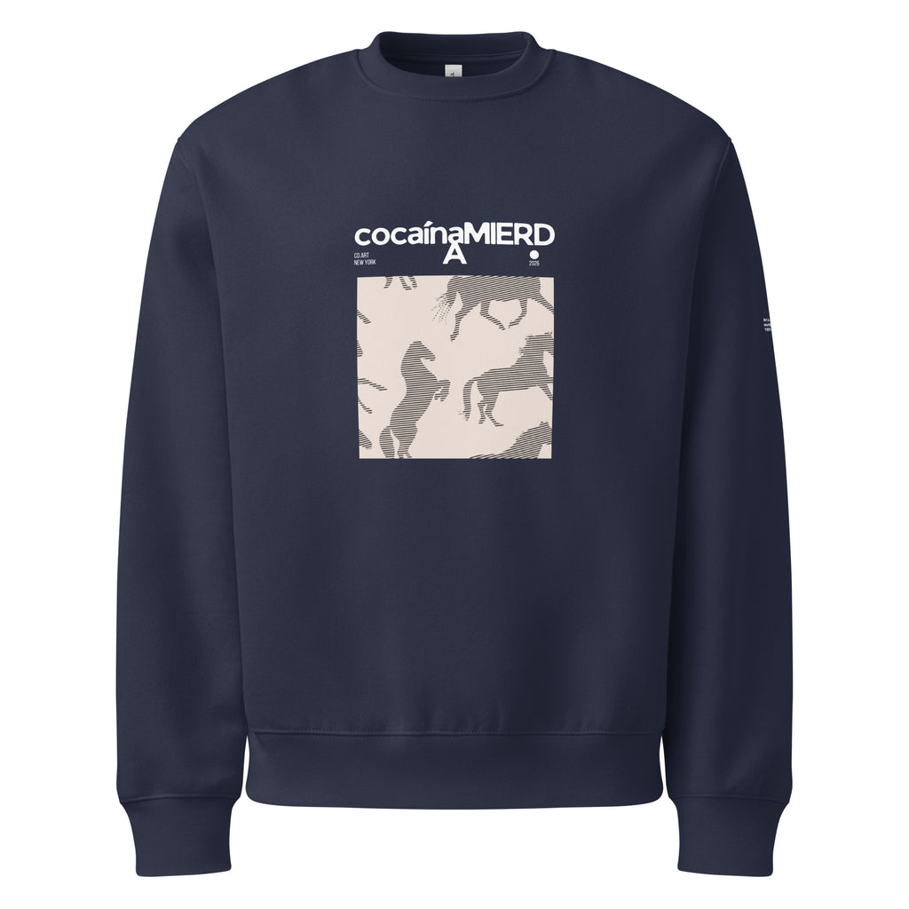 Felpa girocollo oversized navy con grafica manifesto e scritta bianca "cocaínaMierda" con simbolo streetwear forte.