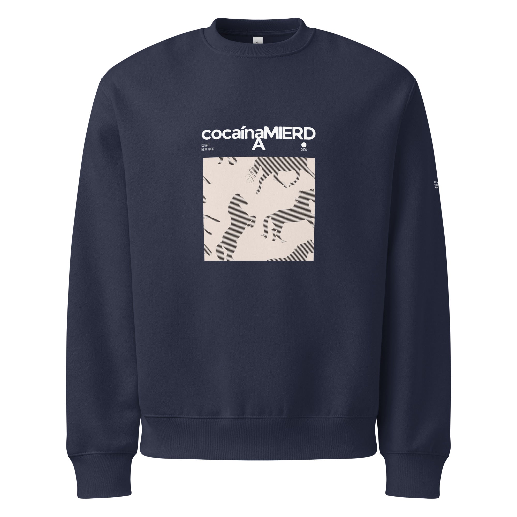 Felpa girocollo oversized navy con grafica manifesto e scritta bianca "cocaínaMierda" con simbolo streetwear forte.